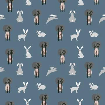 Seamless pattern with hare, rabbit and different elements. Illustration hand  Stockillustratie