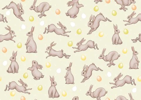 Seamless pattern with a hares, colored eggs for easter. Ilustración de archivo