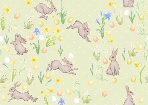 Seamless pattern with a hares, colored eggs and spring flowers for easter. Stock Illustration