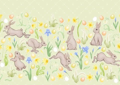 Seamless pattern with a hares, colored eggs and spring flowers for easter. Illustrazione stock
