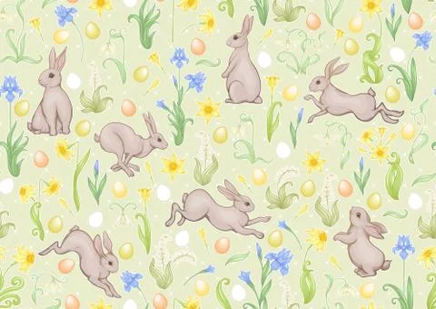 Seamless pattern with a hares, colored eggs and spring flowers for easter. Stock Illustration