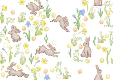 Seamless pattern with a hares, colored eggs and spring flowers for easter. イラスト素材