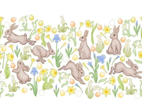 Seamless pattern with a hares, colored eggs and spring flowers for easter. イラスト素材