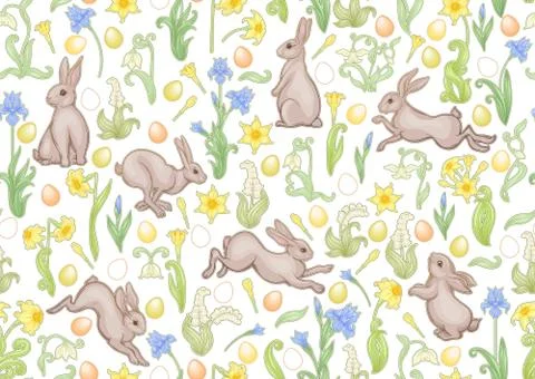 Seamless pattern with a hares, colored eggs and spring flowers for easter. Illustrazione stock