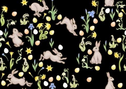 Seamless pattern with a hares, colored eggs and spring flowers for easter. Illustrazione stock