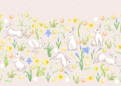 Seamless pattern with a hares, colored eggs and spring flowers for easter. イラスト素材