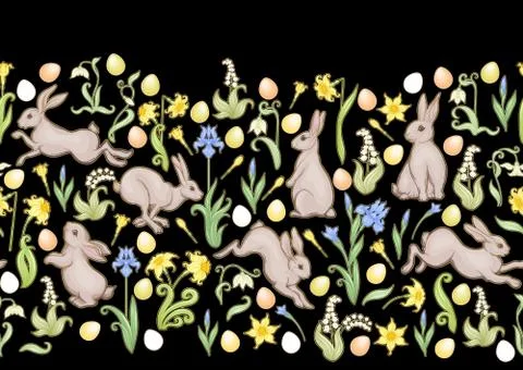 Seamless pattern with a hares, colored eggs and spring flowers for easter. Illustrazione stock