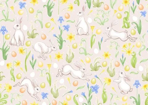 Seamless pattern with a hares, colored eggs and spring flowers for easter. イラスト素材