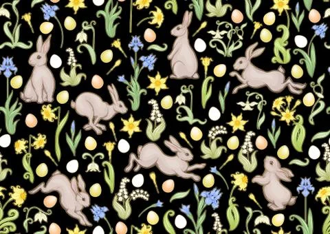 Seamless pattern with a hares, colored eggs and spring flowers for easter. Illustrazione stock