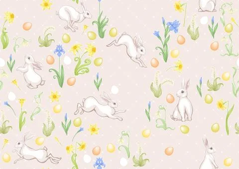 Seamless pattern with a hares, colored eggs and spring flowers for easter. Illustrazione stock