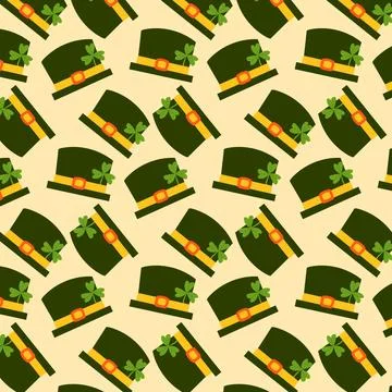 A seamless pattern with hats with the clover on the top. Stock Illustration
