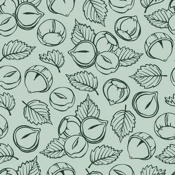 Seamless Pattern with Hazelnuts, Shells and Serrated Leaves. Hand Drawn Doodl Stock Illustration