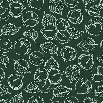 Seamless Pattern with Hazelnuts, Shells and Serrated Leaves. Hand Drawn Doodl Stock Illustration