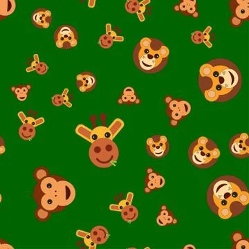 Seamless pattern of the head of a giraffe lion and monkey. Stock Illustration