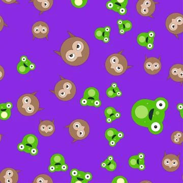 Seamless pattern of the head of an owl and a frog Stock Illustration