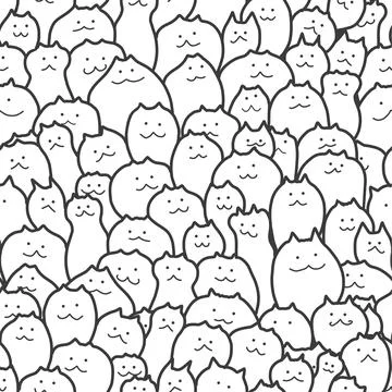 Seamless pattern, heads of cartoon cats. Engraving vector Stock Illustration