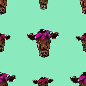 Seamless pattern heads cow cartoon isolated on green background.textile fabri Stock Photos