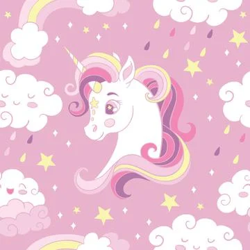 Seamless pattern with heads of unicorn and clouds pink Stock Illustration