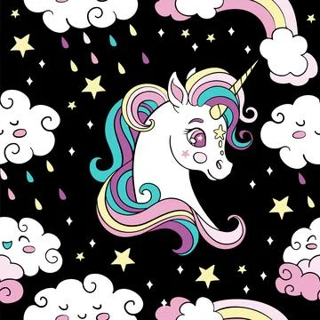 Seamless pattern with heads of unicorn and clouds black Stock Illustration