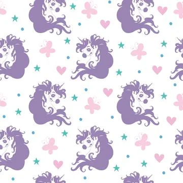 Seamless pattern with heads of unicorns and hearts white vector Illustrazione stock