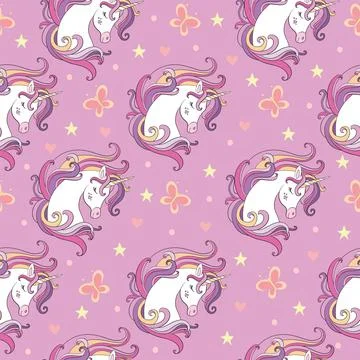 Seamless pattern with heads of unicorns and butterflies pink vector Stock Illustration