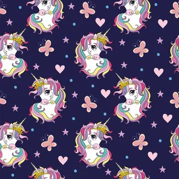 Seamless pattern with heads of unicorns and butterflies navy vector Illustrazione stock