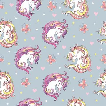 Seamless pattern with heads of unicorns and butterflies gray vector 스톡 일러스트