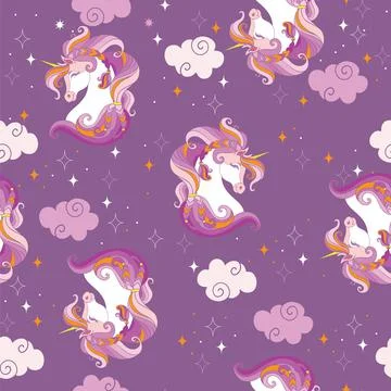 Seamless pattern with heads of unicorns and clouds Stockillustratie