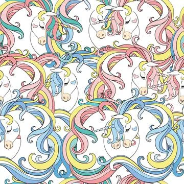 Seamless pattern with heads of unicorns with long mane vector Stock Illustration