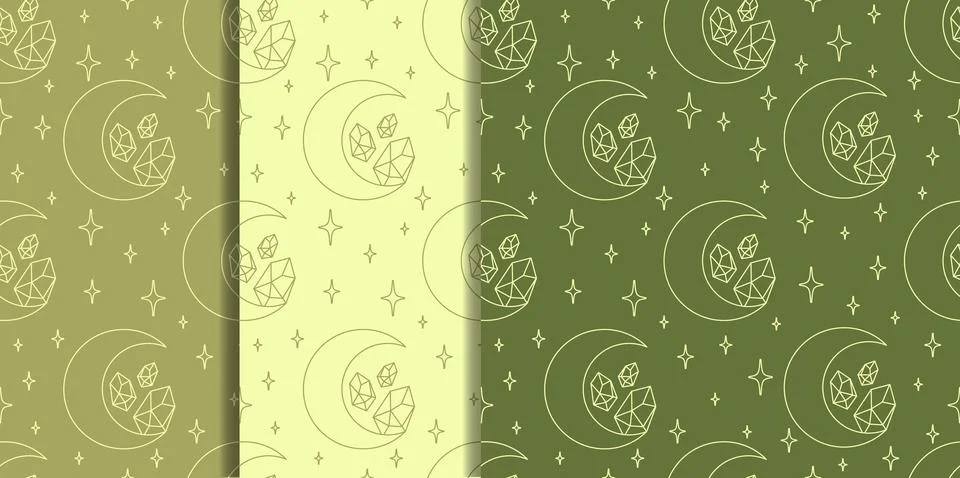 Seamless pattern with healing crystal set. Aesthetic esoteric and crescent moon Stock Illustration