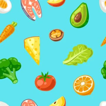 Seamless pattern with healthy eating and diet meal. Fruits, vegetables and Stock Illustration