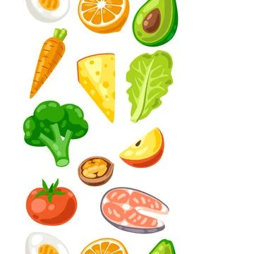 Seamless pattern with healthy eating and diet meal. Fruits, vegetables and Illustrazione stock