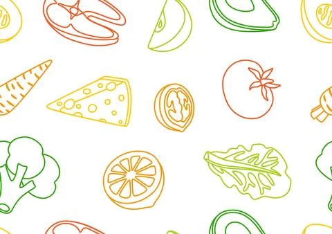 Seamless pattern with healthy eating and diet meal. Fruits, vegetables and Illustrazione stock