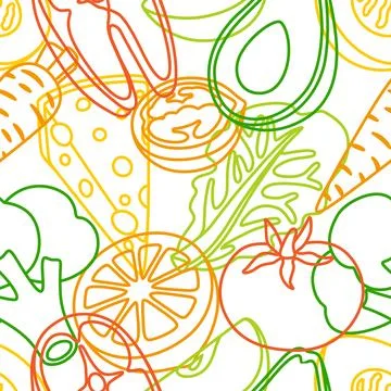 Seamless pattern with healthy eating and diet meal. Fruits, vegetables and Illustrazione stock