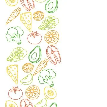 Seamless pattern with healthy eating and diet meal. Fruits, vegetables and Illustrazione stock
