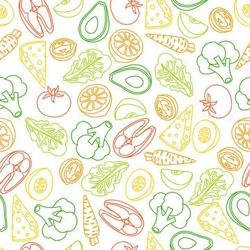 Seamless pattern with healthy eating and diet meal. Fruits, vegetables and Illustrazione stock