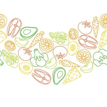 Seamless pattern with healthy eating and diet meal. Fruits, vegetables and Stock Illustration