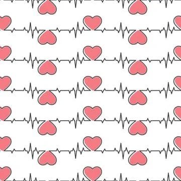 Seamless pattern of heart and cardiogram pulses for simple backgrounds, textu Stock Illustration