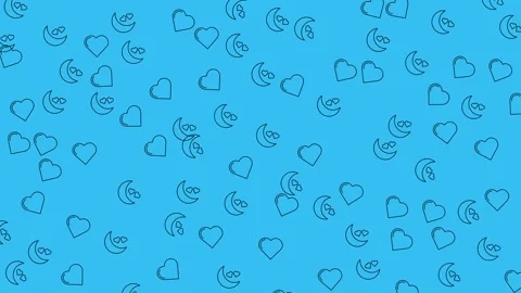 Seamless Pattern with Heart and Crescent Moon Icons on Blue Background Stock Footage 345539054