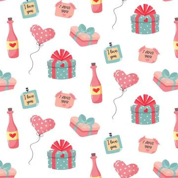 Seamless pattern with heart balloon, champagne bottle, present gifts and love Stock Illustration