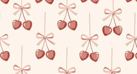 Seamless Pattern: Heart Cherries with Pink Bows on Cream Background イラスト素材