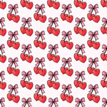 Seamless Pattern of Heart Cherries Tied with Pink Bows イラスト素材