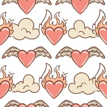 Seamless pattern heart on fire, with angel wings. Vector illustration in 2000s イラスト素材