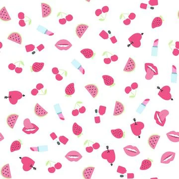 Seamless pattern with heart, lips, cherry, lipstick, strawberry, nail polish  Stock Illustration