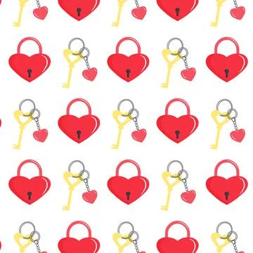 Seamless pattern with heart lock and golden key with heart-shaped keychain. Illustrazione stock