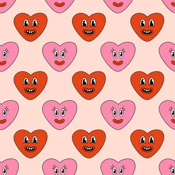 Seamless Pattern with Heart Pink and Red Smile Character for Valentine Day Stock Illustration