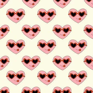 Seamless Pattern with Heart Pink Character for Valentine Day in sunglasses. Stock Illustration