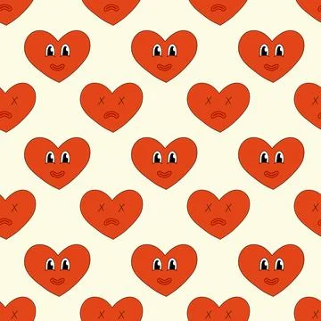 Seamless Pattern with Heart Red Character Smile and Sad for Valentine Day. Stock Illustration