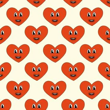 Seamless Pattern with Heart Red Character Smile for Valentine Day. Stock Illustration