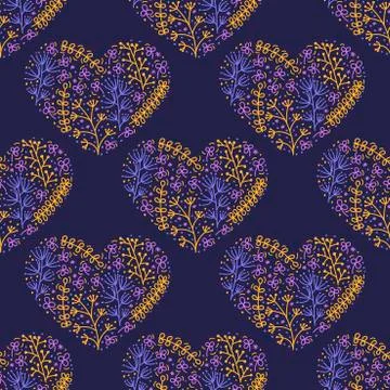 Seamless pattern with heart shape is filled with doodles of flowers, stylized Stock Illustration